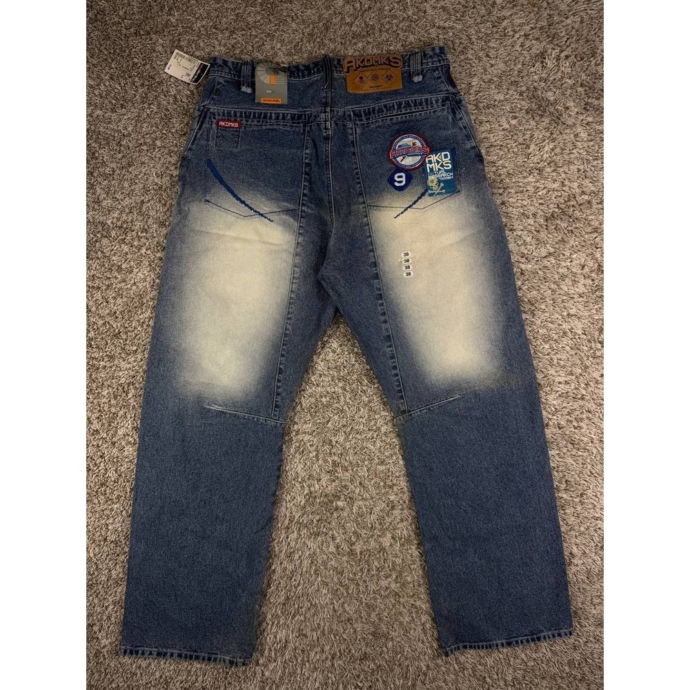 Vintage Akademiks Baggy Jeans Denim Y2K Streetwear Hip Hop Patches Size 38
